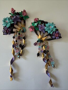Floral Fan Dangle Earrings in Turquoise & Purple - Designer-clip on
